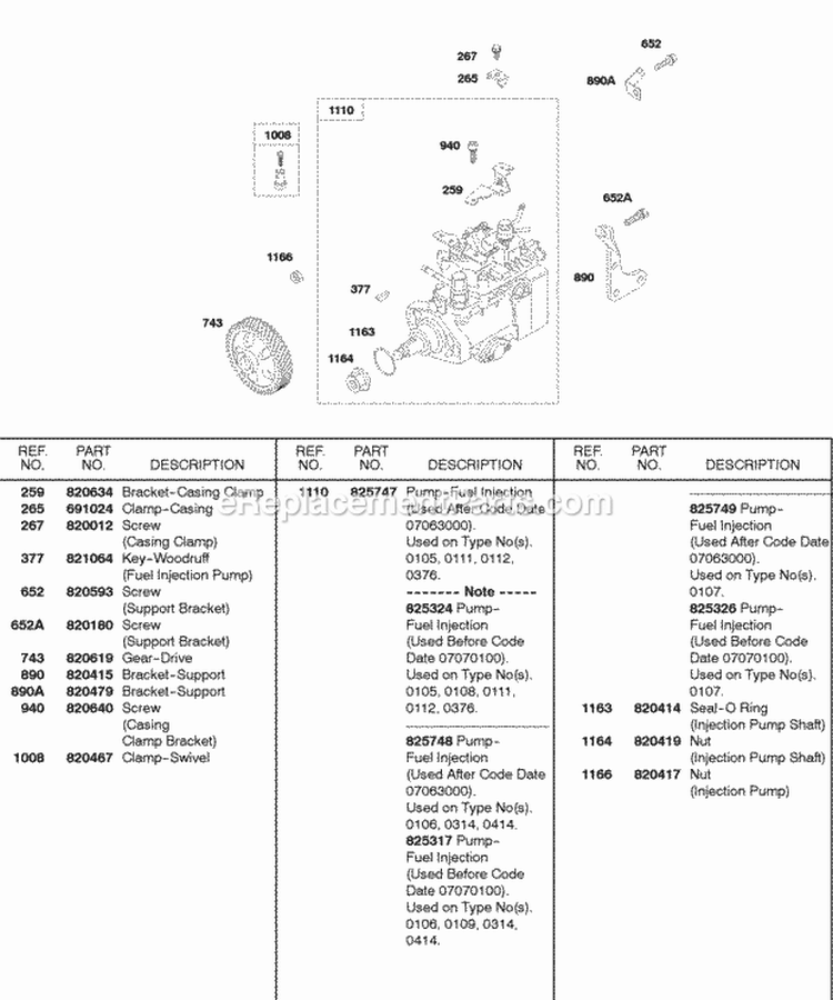 Fuel Injection Pump Diagram and Parts List for 522447-0105-E2  Briggs and Stratton Engine